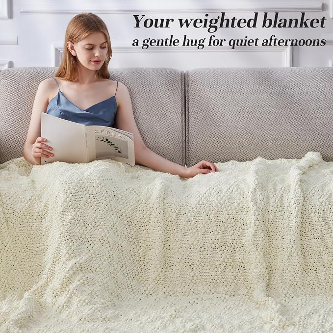 Anysay Knitted Weighted Blanket for Adult, Chunky Knit Throw 40''*60'' 7lbs | Cooling Weighted Blanket for Sleep Breathable Machine Washable Fall Heavy Blanket for Room Decor(Ivory White)