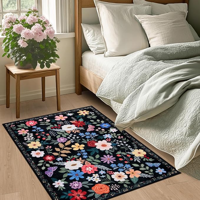 PLHXFR 2x3 Small Entryway Rug: Floral Washable Indoor Soft Carpet Black | For Entrance, Bedroom, Kitchen, Laundry, Bathroom,Door Mat,Vintage Floral,Machine washable,Non-Slip,Stain Resistant,Indoor