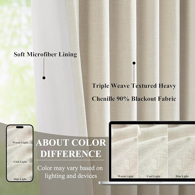 WEST LAKE 95 Inch Pinch Pleated 90% Blackout Curtain Panels for Bedroom | Beige Triple Weave Textured Heavy Chenille Room Darkening Drapes,Back Tabs Vintage Window Treatment,40"Wx95L,Pack of 2