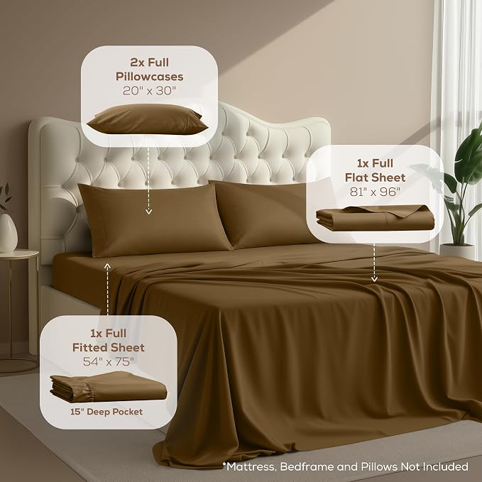 Full Sheets Set, 4 Pieces 16" Deep Pocket Hotel Luxury Bed Sheets, Mocha | Extra Soft Bedsheet Set, Comfy & Breathable Cooling Sheets, Wrinkle & Fade Resistant, Fitted Sheet, Flat Sheet, 2 Pillowcases