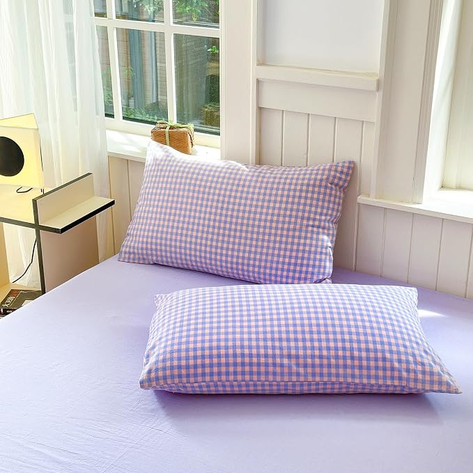 LifeTB Purple Gingham Comforter Set Full Modern Style Purple Pink Grid Plaid Comforter Soft Fluffy 3 Pieces Checkered Pattern Comforter Set Farmhouse Gingham Bedding Comforter with 2 Pillowcases