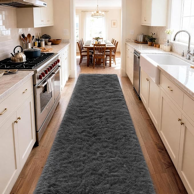 Ophanie Runner Rug for Hallway,2.5x12 Washable Non-Slip Fluffy Soft Bedside Rugs,Bedroom Living Room Shaggy Carpet for Kids Girls Boys Dorm Nursery Decor Aesthetic, Grey with Over 99 pcs Pile fibers