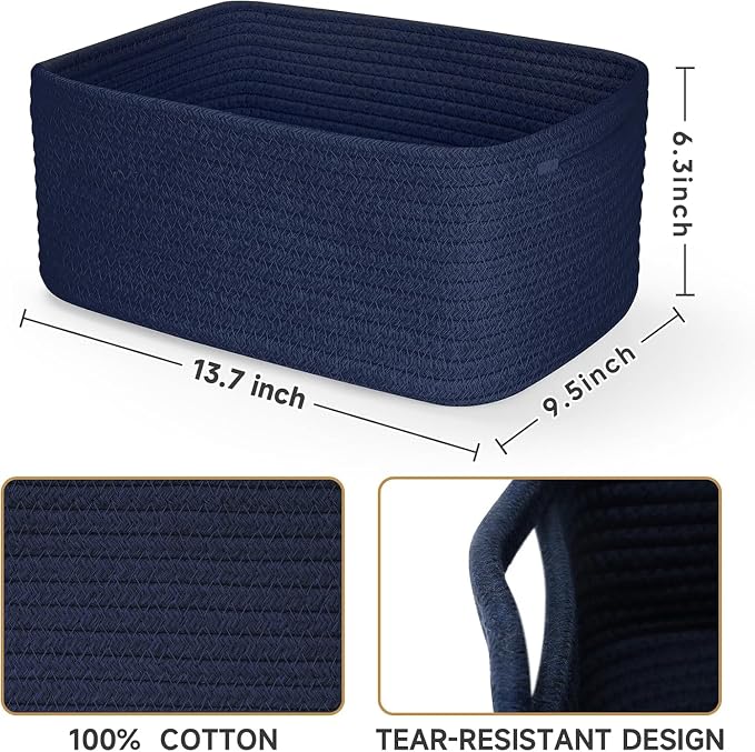 3 Pack Storage Baskets for Organizing, 13.7×9.5×6.3", Navy Blue | Woven Baskets for Shelves, Cotton Rope Basket for Gifts Empty, Closet Organizer Bins with Handles, Cube Decorative Box