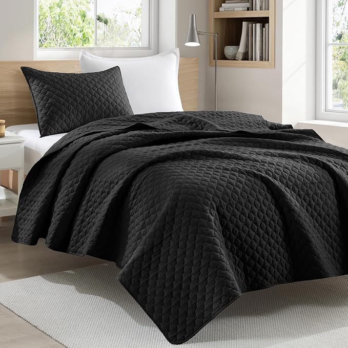 HORIMOTE HOME Quilt Set Twin Size, Black Bedspread with Clouds Pattern, Soft Coverlet Set Lightweight Microfiber Quilted Bedspread for All Season, Includes 1 Quilt and 1 Pillow Sham