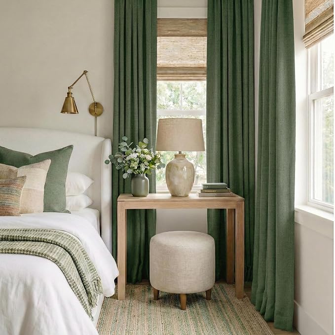 RYB HOME Olive Green 100% Blackout Linen Curtains 96 Inch Long for Office | Luxury Thermal Insulated,Room Darkening,Back Tab Rod Pocket,For Living Dining Room Bedroom Sliding Doors,W52 x L96,2 Panels