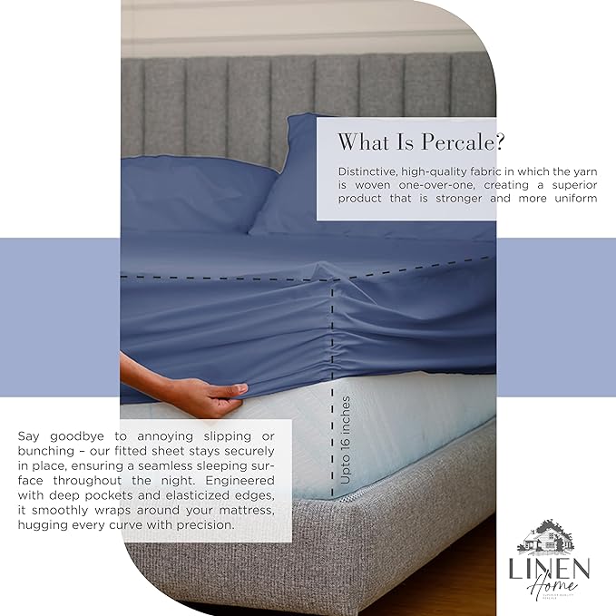 Linen Home 2-Pack Queen Sheet Set, 100% Cotton Percale Bedding, 8-Piece Value Bundle, Deep Pocket Cooling Bed Sheets for Hot Sleepers, Breathable & Crisp Hotel Quality, Long-Staple Cotton, Dark Blue