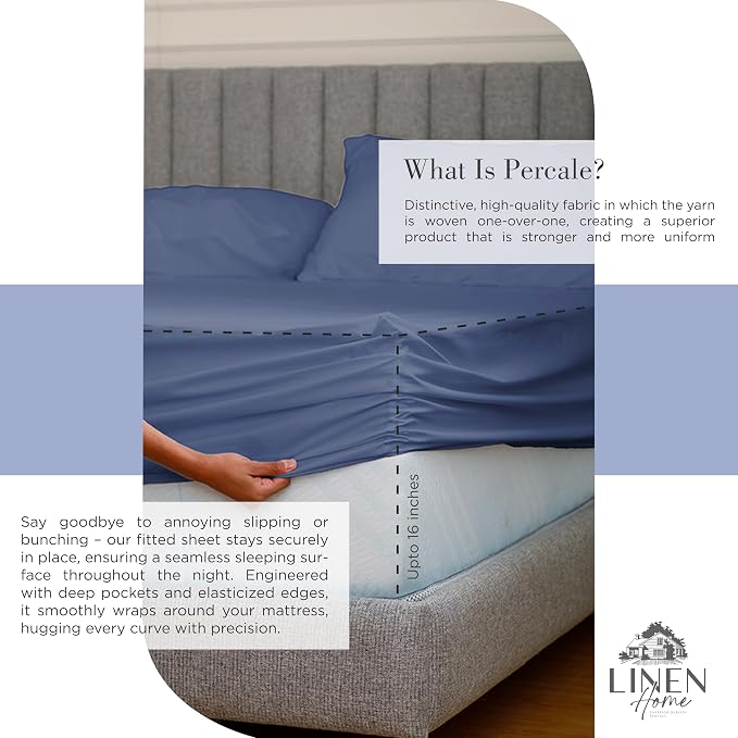 Linen Home 2-Pack King Sheet Set, 100% Cotton Percale Bedding, 8-Piece Value Bundle, Deep Pocket Cooling Bed Sheets for Hot Sleepers, Breathable & Crisp Hotel Quality, Long-Staple Cotton, Dark Blue