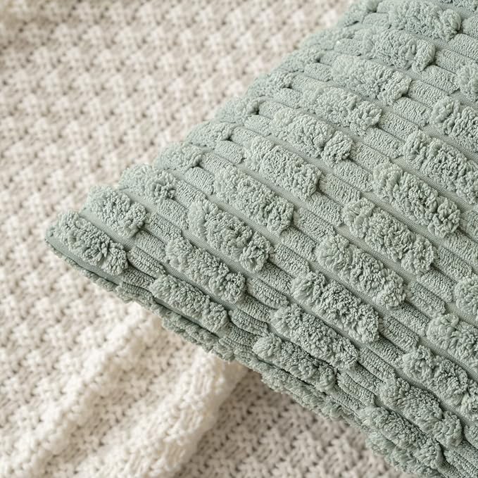 MIULEE Corduroy Decorative Throw Pillow Covers 20x20 Grey Green Pack of 2 | Soft Boho Striped Pillow Covers Modern Farmhouse Home Decor For Sofa Living Room Couch Bed