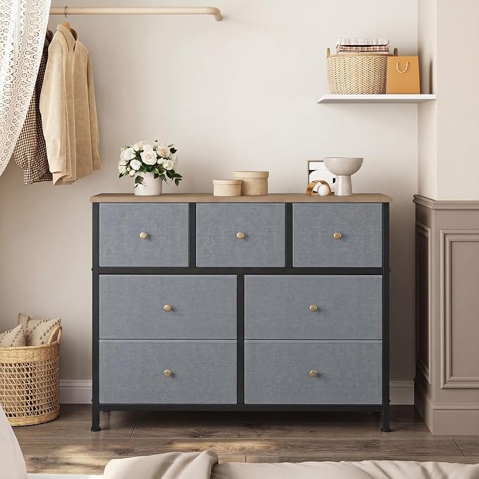 OLIXIS 7 Drawer Fabric Dresser, Storage Tower for Bedroom and Closet | Easy-Pull Bins for Closet Organizers, Chest of Drawers with Steel Frame & Wooden Top for Living Room, Entryway, Gray Blue