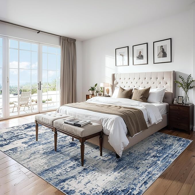 PLHXFR 8x10 Area Rug Living Room: Abstract Washable Carpet Blue Gray | For Bedroom Dining Room Farmhouse Nursery Home,Machine washable,Non Slip,Large Soft Neutral,Stain Resistant, Indoor Floor