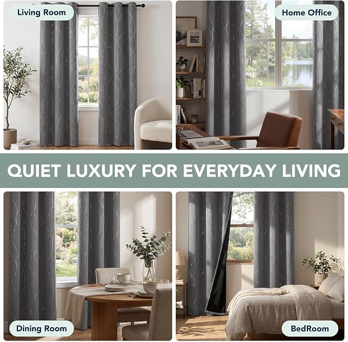 Deconovo 100% Blackout Living Room Curtains 63 Inches Long, Black Backing | Silver Line Foil Pattern Drapes, Thermal Insulated, Room Darkening, Grommet, 2 Panels Set, Light Grey, 42 x 63 Inch