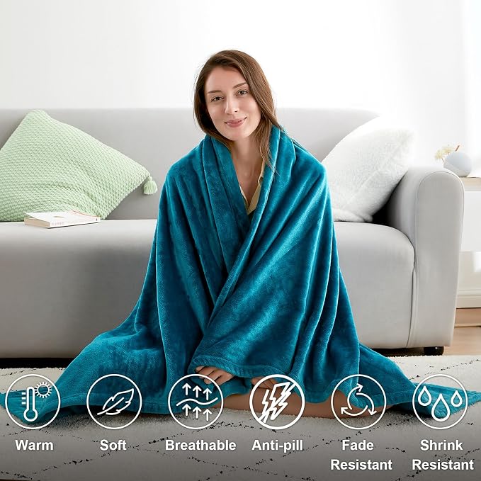 Hansleep Queen Teal Fleece Blanket, Soft Flannel Bed Blanket | Fuzzy Cozy Blanket 90x90 Inches, Multi-use for Bed, Sofa, Couch, Travel, Camping, All Season Warm Lightweight Cover