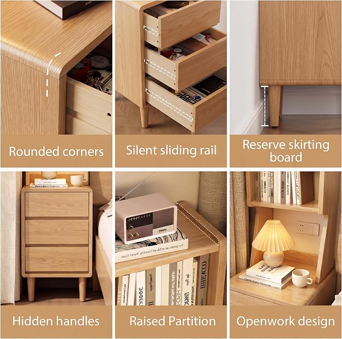Solid Wood Bookshelf Nightstand Combo, Tall Nightstand with Bookshelf | Oak Nightstand Bookshelf,Narrow Nightstand with Drawers,Open Shelf Bookcase,for Bedroom,Living Room,Offices