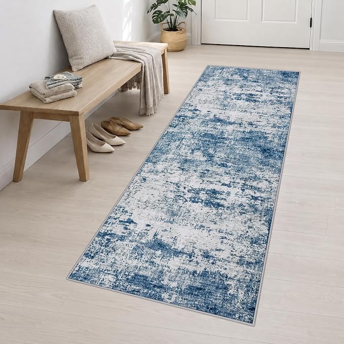 2.6x10 Washable Runner Rug:Modern Abstract Indoor Soft Carpet Blue | For Hallway, Bedroom, Kitchen, Laundry, Bathroom,Door Mat,Modern Abstract,Machine washable,Non-Slip,Stain Resistant,Indoor