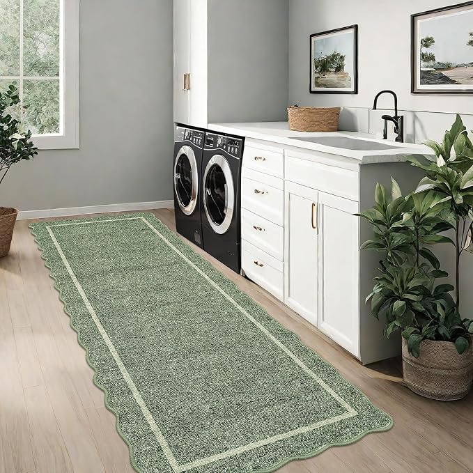 GarveeHome Scalloped Runner Rug for Hallway 2x10 Washable, Greyish Green | Kitchen Rugs Non Slip Modern Entryway Rug Farmhouse Soft Bathroom Rugs Stain Resistant Carpet for Hallway Laundry Bedroom