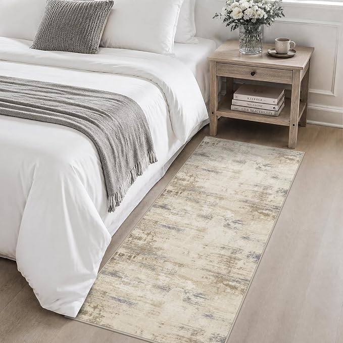 2x5 Washable Runner Rug：Modern Abstract Soft Carpet Beige Brown | For Hallway, Bedroom, Kitchen, Laundry, Bathroom,Door Mat,Modern Abstract,Machine washable,Non-Slip,Stain Resistant,Indoor