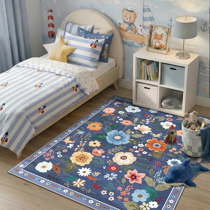 RELEANY Floral Washable 5x8 Area Rugs Blue/Grey | Flower Carpet, Print, Boho, Non-Slip, Easy to Clean, Soft, Low Pile for Living Room Bedroom Kitchen Office Entryway Hallway