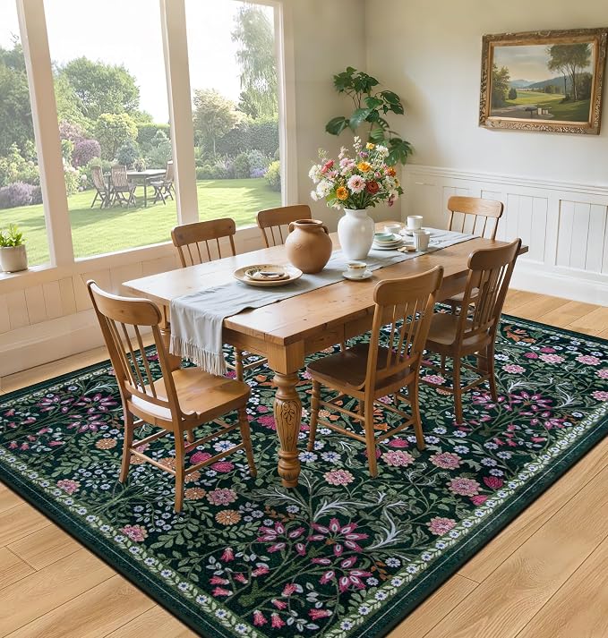 PLHXFR 8x10 Area Rug Living Room: Floral Washable Boho Carpet Dark Green | For Bedroom Dining Room Farmhouse Nursery Hallway,Vintage Floral,Machine washable,Non Slip,Stain Resistant,Large Indoor