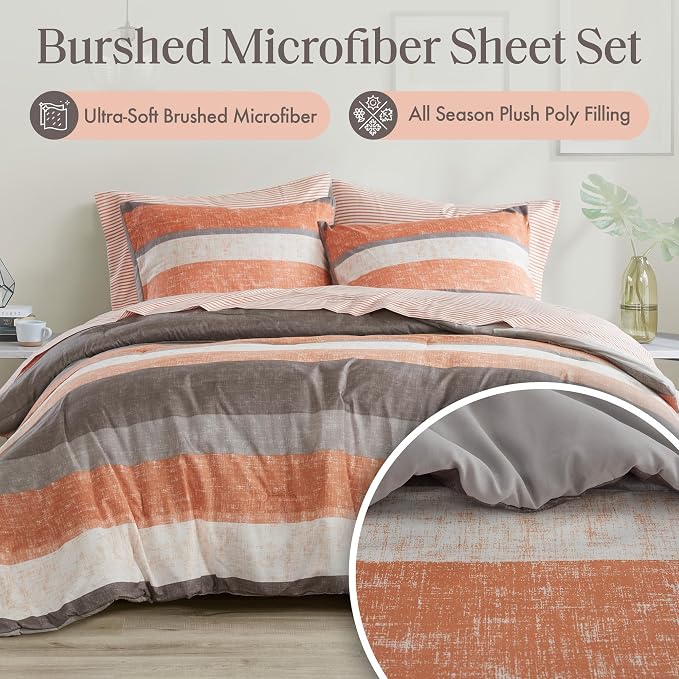 Madison Park Essentials Jaxon King Comforter Set, Bed in A Bag Comforter & Sheet Set, Modern Casual Stripes Print, All Seasons, Soft Bedding Makeover, Matching Sham, King Coral/Grey 7 Piece