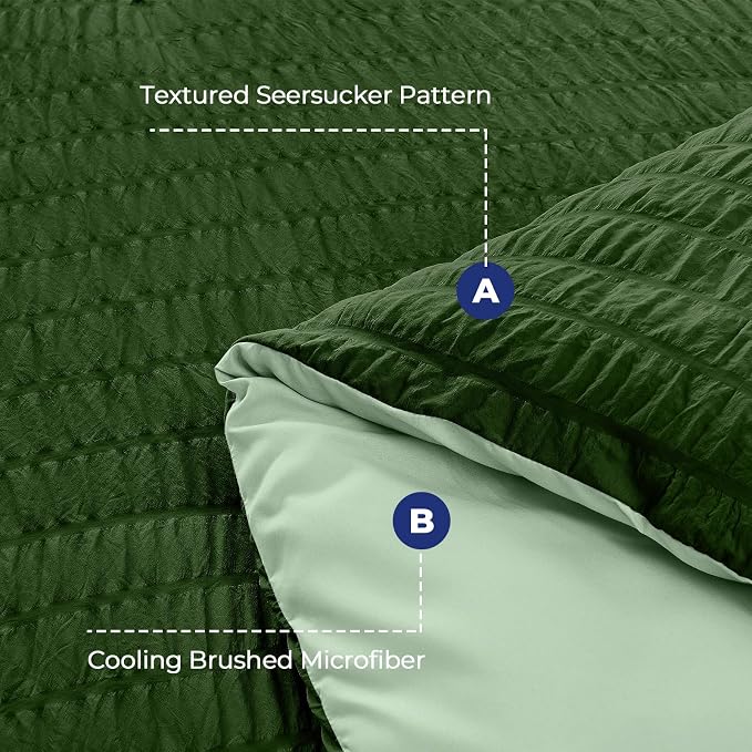 HYMOKEGE Dark Green/Sage Green Oversized Queen Comforter Set Seersucker 7 Pieces, All Season Luxury Bed in a Bag for Bedroom, Bedding Set with Comforter, Sheets, Pillowcases & Shams