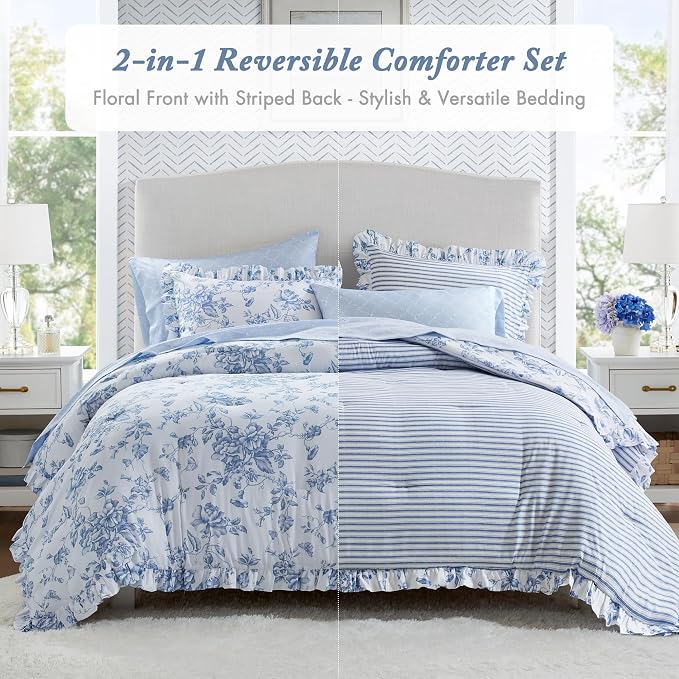 Madison Park Essentials Blue Floral Comforter Set with Sheets Queen,7pc | Vintage, Ruffle Bed in a Bag, Reversible, Elegant Bedding Set, All Season, Machine Washable, Wrinkle Resistant, Ultra Soft