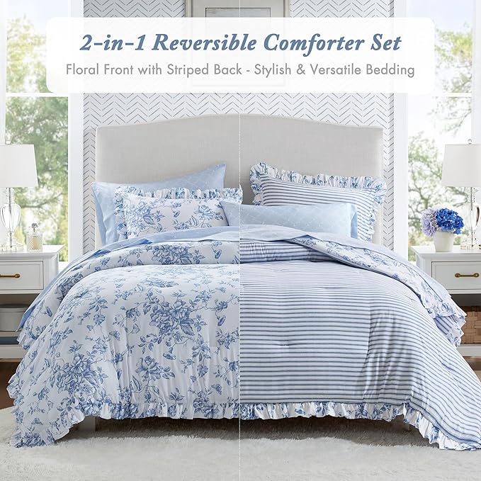 Madison Park Essentials Blue Floral Comforter Set with Sheets King,7pc | Vintage, Ruffle Bed in a Bag, Reversible, Elegant Bedding Set, All Season, Machine Washable, Wrinkle Resistant, Ultra Soft
