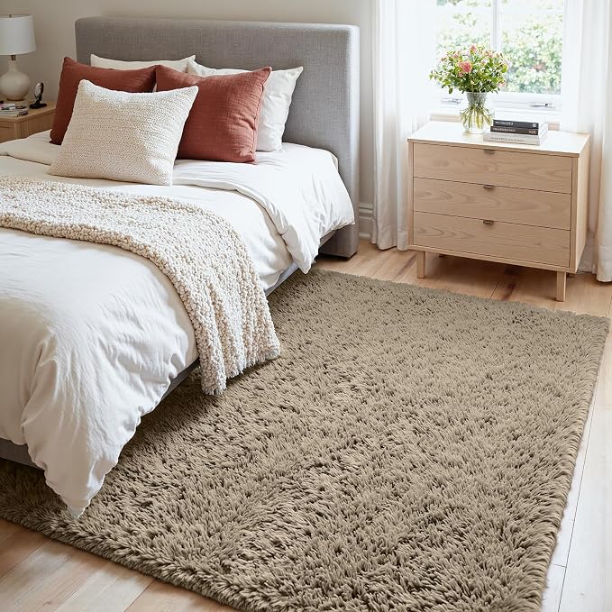 4x6 Fluffy Shag Area Rugs for Living Room Bedroom: Soft Carpet Gray Camel | Upgraded Non-Slip Thick Memory Foam, Ultra Soft, Non-Shedding Fuzzy Carpet, Easy Clean Decor for Kids Room, Nursery, Playroom
