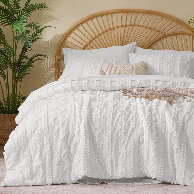 BEDELITE King Comforter Set 7 Pieces,Boho Bed in a Bag,White | Tufted Bed Set for All Seasons,Soft Farmhouse-Style Embroidery Bedding,Includes Flat & Fitted Sheets,2 Pillowcases & 2 Shams