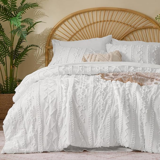 BEDELITE Twin XL Comforter Set 5 Pieces,Boho Bed in a Bag,White | Tufted Bed Set for All Seasons,Soft Farmhouse-Style Embroidery Bedding,Includes Flat & Fitted Sheets,1 Pillowcase & 1 Sham