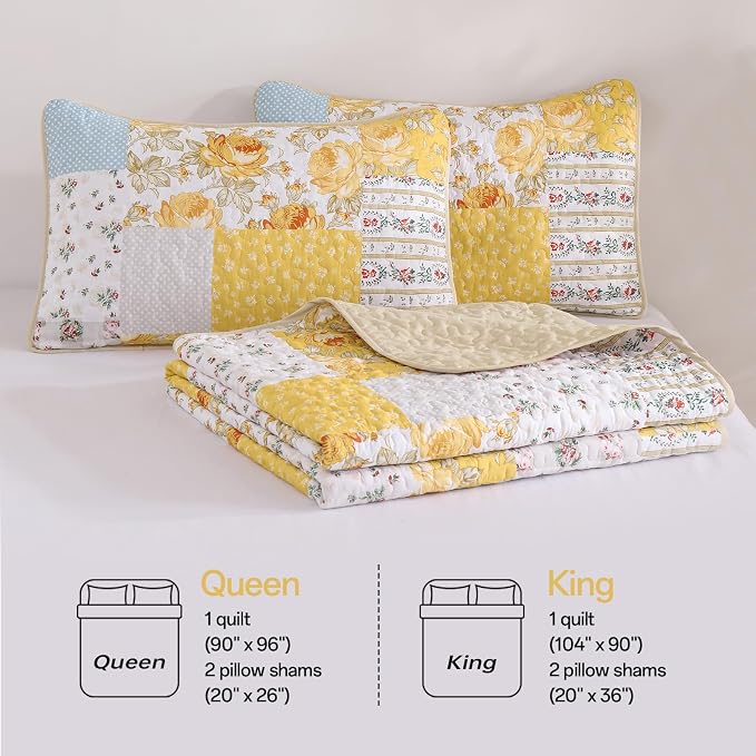Yellow Patchwork Quilt Set King Size, Rose Floral Plaid Bedspread | 3 Pcs Country Flower Coverlet Set, Soft Lighweight Farmhouse Quilt Bedding Set 3 Pieces for All Season, 110''x90''