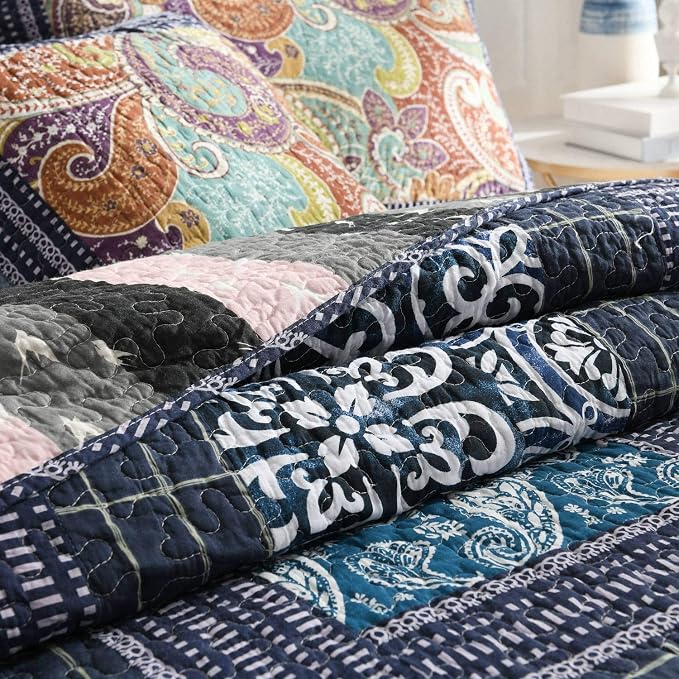 Bedspread Quilt Set with Real Stitched Embroidery, Paisley Grid Pattern,Queen Size