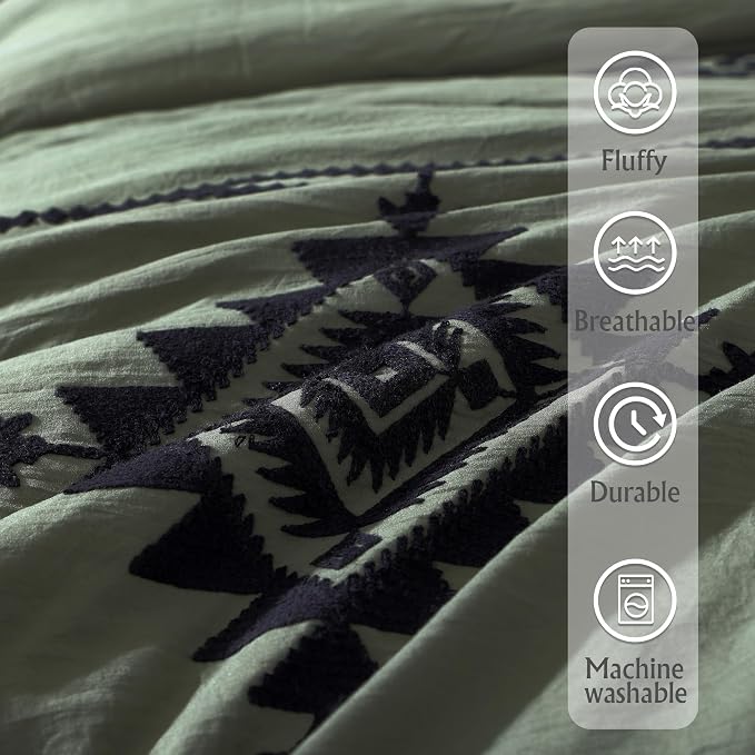 MaiRêve Embroidery Queen Comforter Set 7 Pieces Olive Green Bed in a Bag | Western Boho Farmhouse Bedding Sets with Comforter, Sheets, Pillowcases & Shams