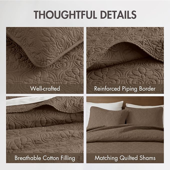 Madison Park Queen Quilt Bedding Set, Cottage-Inspired Damask, 3PC | All Season Quilted Coverlet, Classic Stitch Pattern Bedspread & Shams, Ultra Soft Microfiber Bedspread Set, Mocha