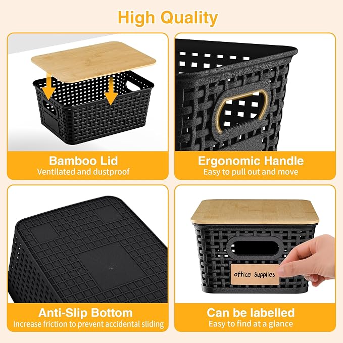 6 Pack Plastic Storage Baskets, Black bamboo lid storage Box | Labels, Stackable, For Organizing Shelves Pantry Drawers Desktop Closets Organizing Desktop Closet Playroom Classroom