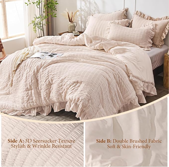 JOLLYVOGUE Oversized King Comforter Set, 3 Pieces Beige Seersucker Comforters, Lightweight & Fluffy Bedding Sets for All Season with 1 Ruffle Comforter and 2 Ruffle Pillowshams
