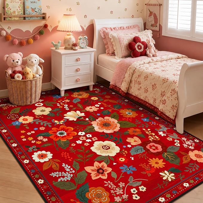 Floral Washable 6x9 Area Rugs Red/Orange | Flower Carpet, Print, Boho, Non-Slip, Easy to Clean, Soft, Low Pile for Living Room Bedroom Kitchen Office Entryway Hallway