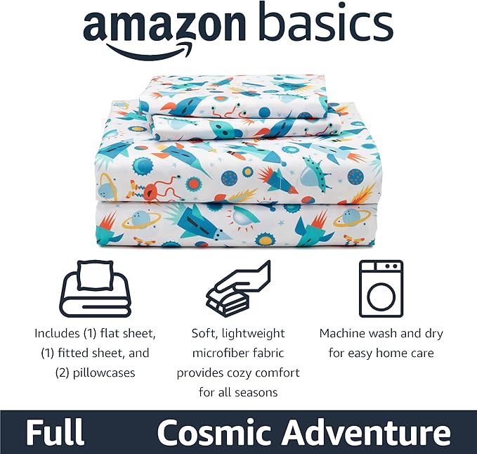 Amazon Basics Kid's Soft Easy-Wash Microfiber 4-Piece Sheet Set with Pillowcase, Full, Cosmic Adventure