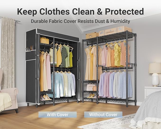 VIPEK V2C Heavy Duty Clothes Rack with Black Upgraded Polyester Cover | Metal Portable Closet with Adjustable Shelves & Hanging Rods, Freestanding Wardrobe Closet Organize for Bedroom, 700LBS