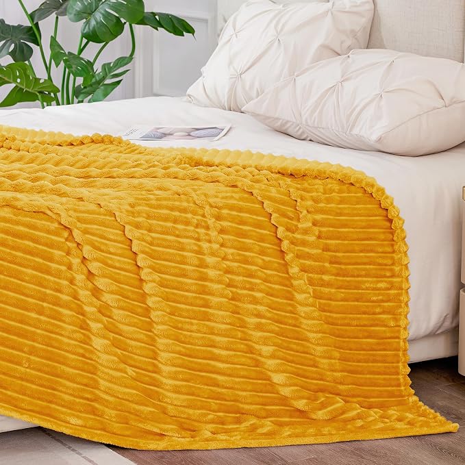 BEDELITE Ribbed Jacquard Mustard Yellow Queen Blanket for Bed, 90x90 Inch | Soft Warm Decorative Fluffy Blanket, Cozy Fuzzy Lightweight Plush Fleece Throw Blankets for Bed, Room Decor, Gift for Women