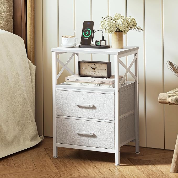 Huuger Nightstand Set of 2 with Charging Station, USB-C Port, End Tables | Night Stand with 2 Drawer Side Table with Open Shelf, Bedside Table for Small Spaces, X Shaped Side Rail, White
