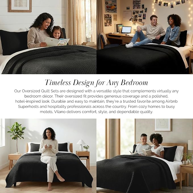 Southshore Fine Living, Inc. Twin XL Quilt Bedding Set, Dorm Room Bedding Essentials, Stain Resistant, Machine Washable Bedspread, XL Twin Black Quilt Bedspread Set with Pillow Sham, Black Quilts