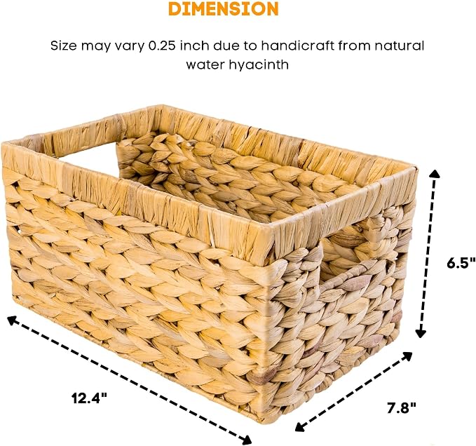 M4DECOR Set of 3 Rectangular Wicker Storage Baskets for Shelves | Water Hyacinth Storage Baskets, Pantry Baskets for Organizing, Handwoven Wicker Baskets for Storage