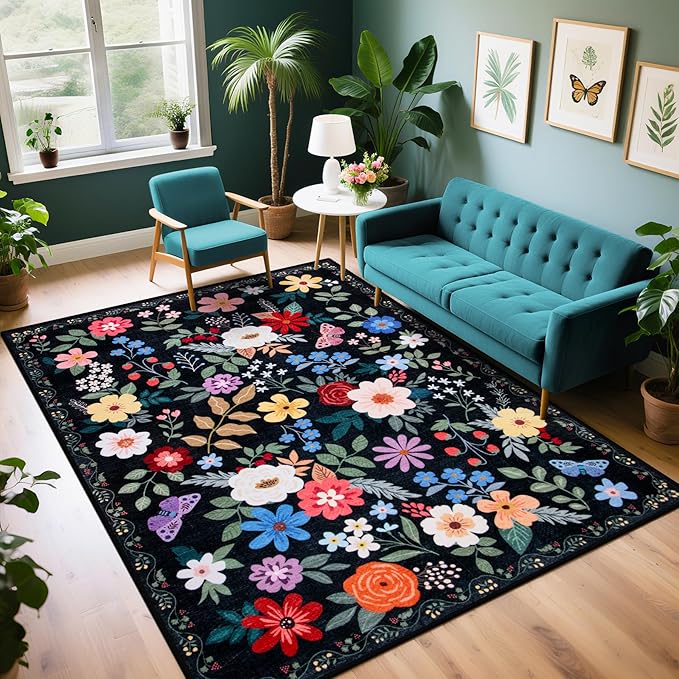 PLHXFR Area Rug Living Room: 5x7 Floral Washable Boho Soft Carpet Black | For Bedroom Dining Room Farmhouse Nursery Hallway,Vintage Floral,Machine washable,Non Slip,Stain Resistant,Large Indoor