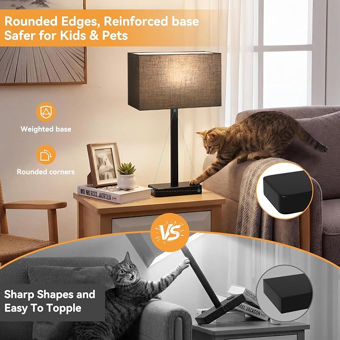 Touch Lamps for Nightstands Set of 2, Dimmable Black Bedside Table Lamp | Modern Table Lamp for Bedroom, Black Desk Lamp for Living room, with USB C+A, End Tables Bed Side, Bulb Included