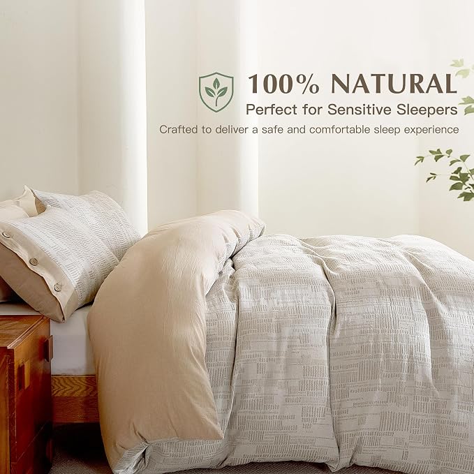 Oli Anderson 100% Egyptian Cotton Duvet Cover Twin Size, Khaki, 2 Pieces | Yarn Dyed Jacquard Textured Bedding Set, Striped Boho Design, Pre-Washed, Button Closure, Soft Breathable, All Season Comfort