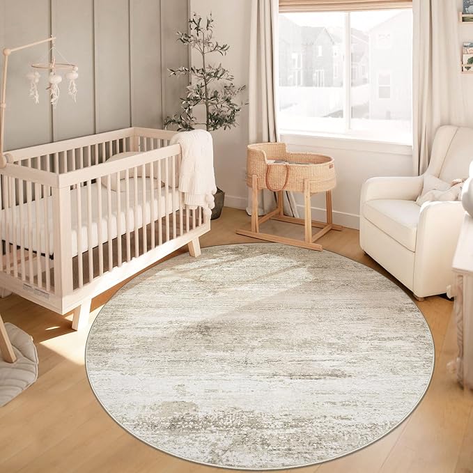 Washable Round Rug 4ft for Bedroom: Circle Neutral Soft Rug Abstract Non Slip Low Pile Modern Area Rugs for Living Room Nursery Office Dining Kids Boys Girls Room Farmhouse Dorm (Beige, 4' Round)