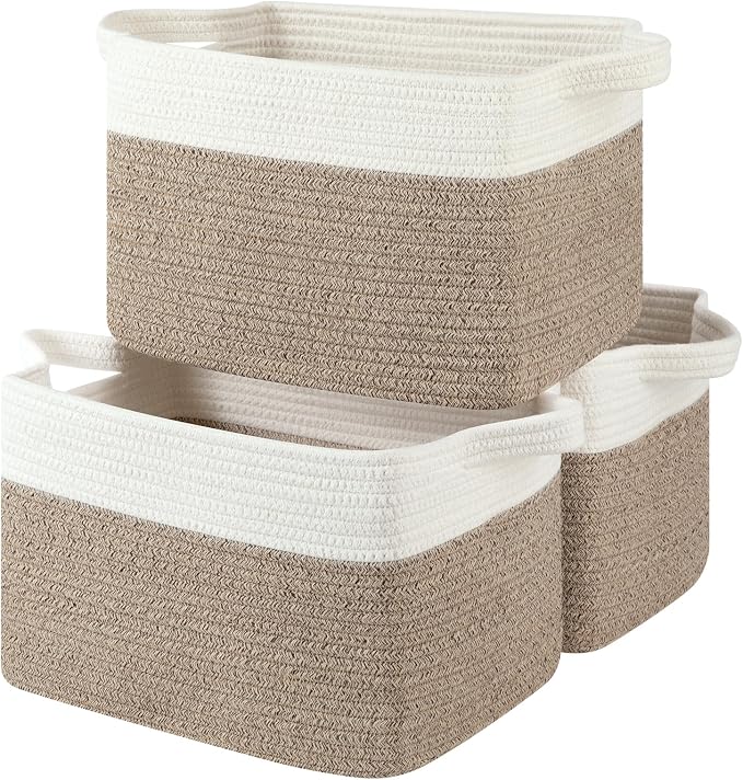 OIASKET Storage Basket for Organizing, Woven Baskets for Storage, Rectangle Decorative Baskets for Shleves, Closet, Toys, Books, Nursery Organizer Bins - Pack of 3 (Brown & White, 13"x9.85"x8.7")