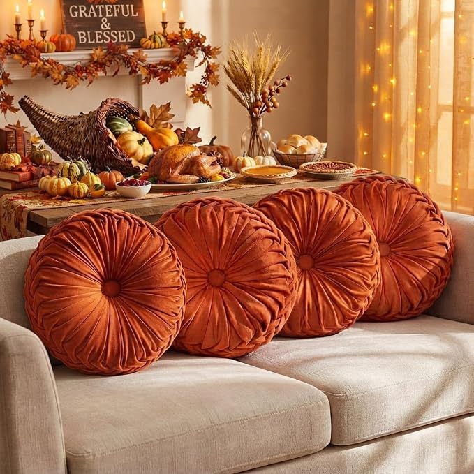 Kathfly 4 Pcs Decorative Round Pleated Throw Pillows, Classy Velvet Pumpkin Round Throw Pillows, Decorative Floor Pillow for Bed Chair Home Sofa Decor, 14" Diameter (Orange)