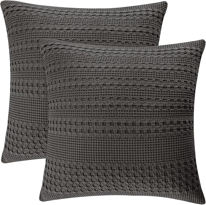 PHF 100% Cotton Waffle Weave Euro Sham Covers, 2 Pack 26" x 26" Bed Pillow Covers for Elegant Home Decor, No Filling, Luxury Aesthetic Soft Euro Pillow Cases for Bed, Charcoal Grey