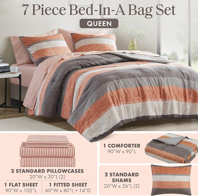 Madison Park Essentials Jaxon Queen Comforter Set, Bed in A Bag Comforter & Sheet Set, Modern Casual Stripes Print, All Seasons, Soft Bedding Makeover, Matching Sham, Queen Coral/Grey 7 Piece